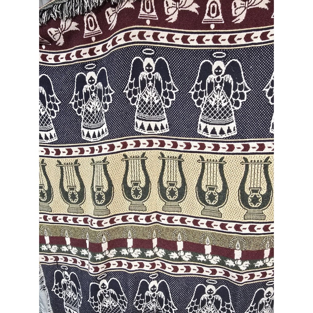 Christmas Tapestry Throw Blanket Angels Harp Candle bells & bows Knit